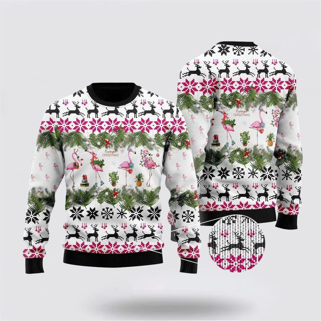 FUNSTUFFPRINT Jingle Bells And Pink Flamingo Xmas Ugly Sweater - Christmas Gifts For Frends Ugly Sweater