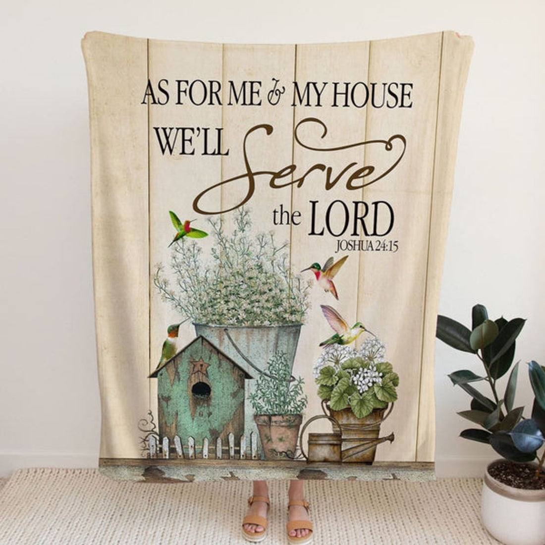 FUNSTUFFPRINT Joshua 2415 As For Me And My House Floral Hummingbird Fleece Blanket - Christian Blanket - Bible Verse Blanket