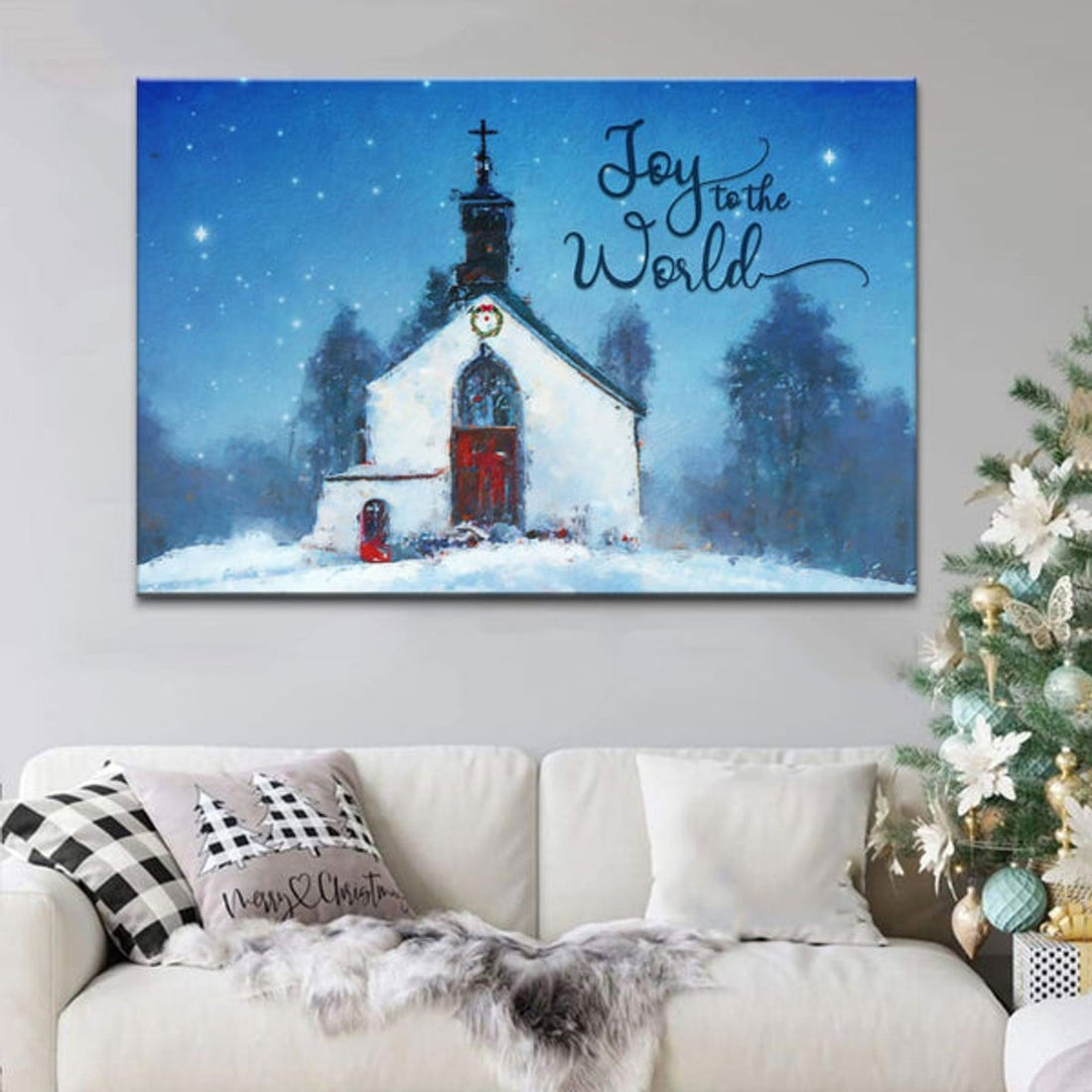 Joy To The World, Old Country Church, Christmas Wall Art Canvas - Religious Wall Decor