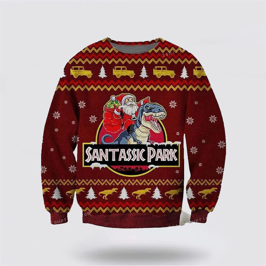 FUNSTUFFPRINT Jurassic Park Santa Claus Riding Dinosaur Ugly Sweater - Christmas Gifts For Frends Ugly Sweater