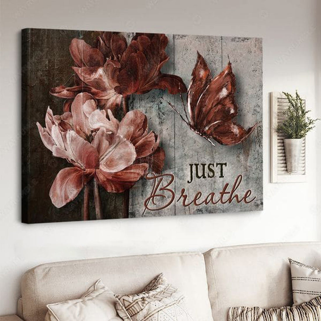 Just Breathe, Butterfly Flower, Wall Decor Poster Poster and Canvas