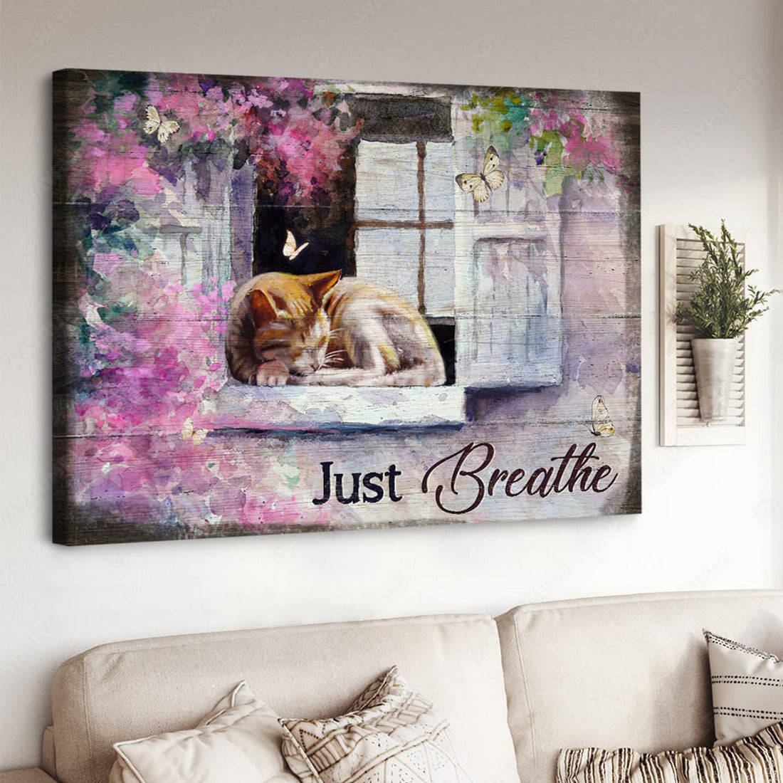 Just Breathe, Cat Lover, Butterfly Flower, Poster Decor Poster and Canvas