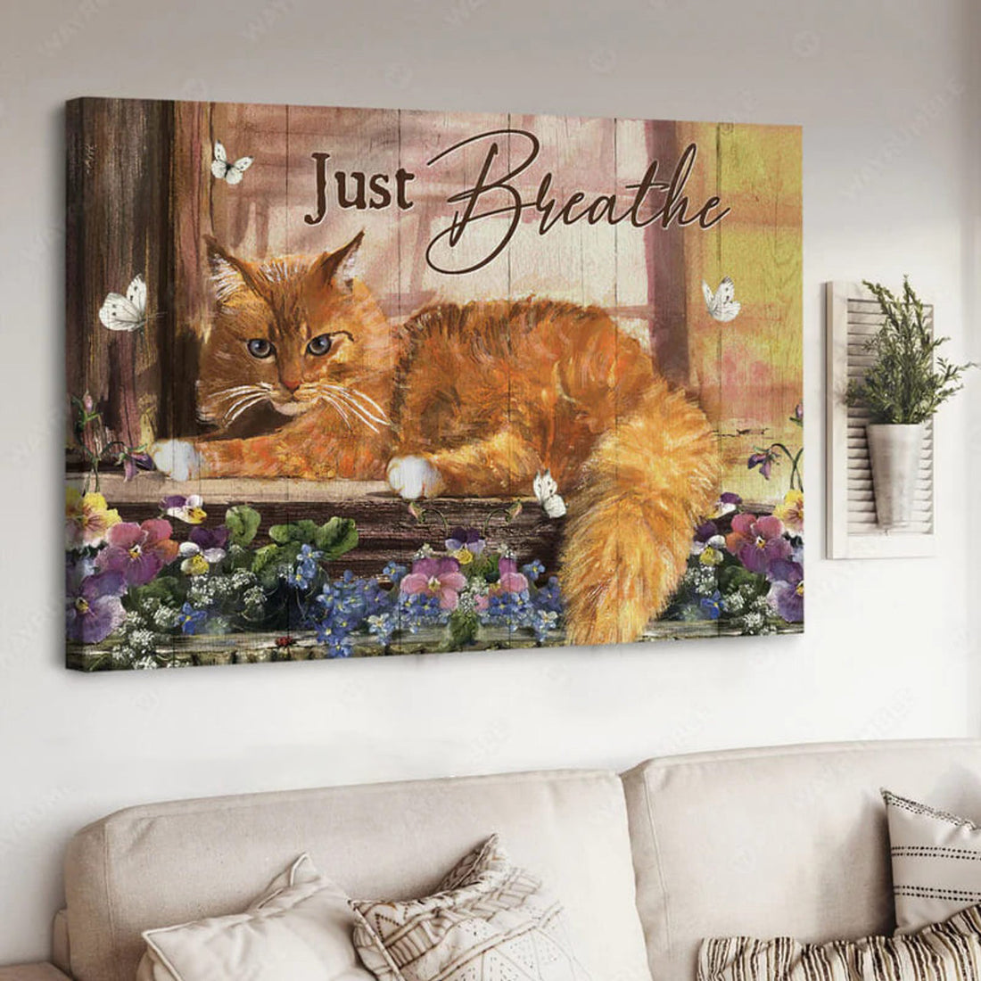 Just Breathe, Cat Lover, Butterfly Flower Poster and Canvas
