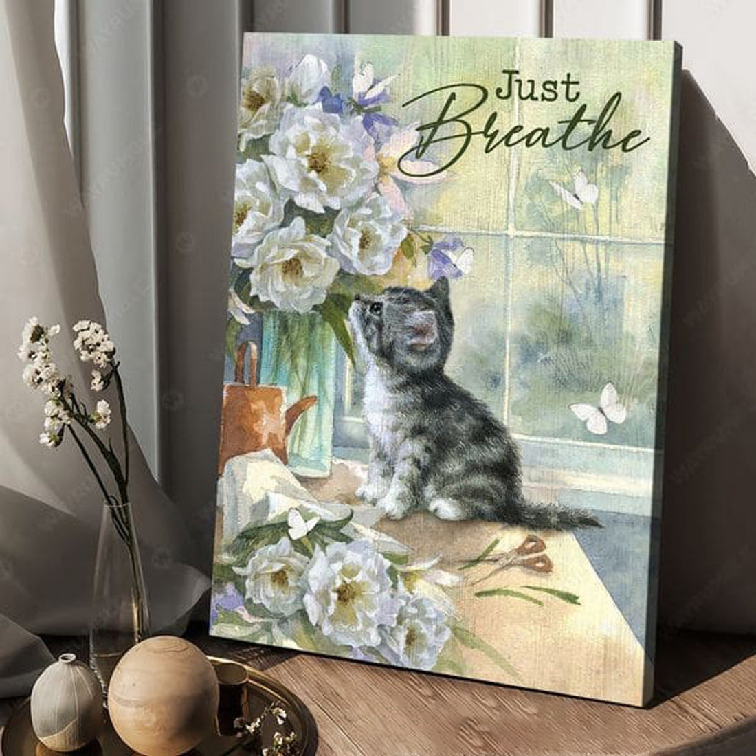 Just Breathe, Cat Lover, Butterfly Flower, Wall Art Decor Poster and Canvas