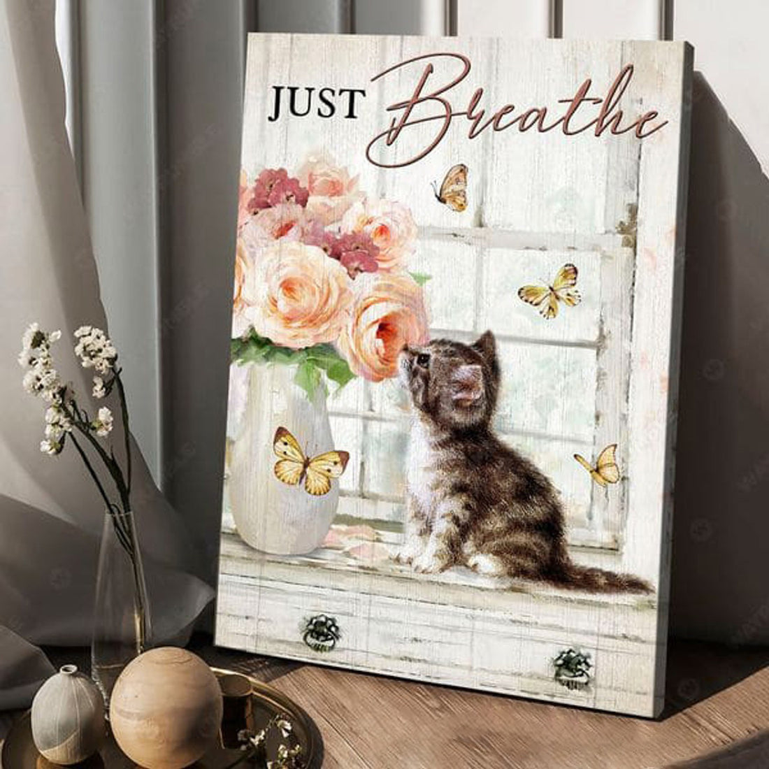 Just Breathe, Cat Lover, Butterfly Flower Poster Poster and Canvas