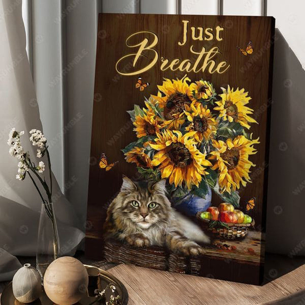 Just Breathe, Sunflower, Cat Lover Poster and Canvas