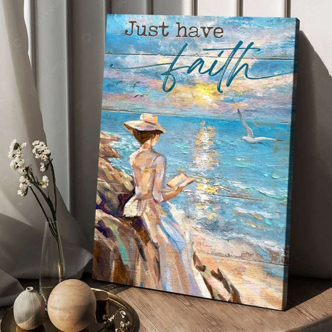 Just Have Faith, Beach Scenery, Girl Reads Book Poster and Canvas