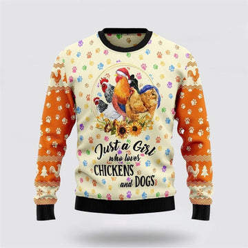 FUNSTUFFPRINT Just A Girl Who Loves Chickens And Dogs Ugly Christmas Sweater For Men And Women, Gift For Christmas, Best Winter Christmas Outfit Ugly Sweater