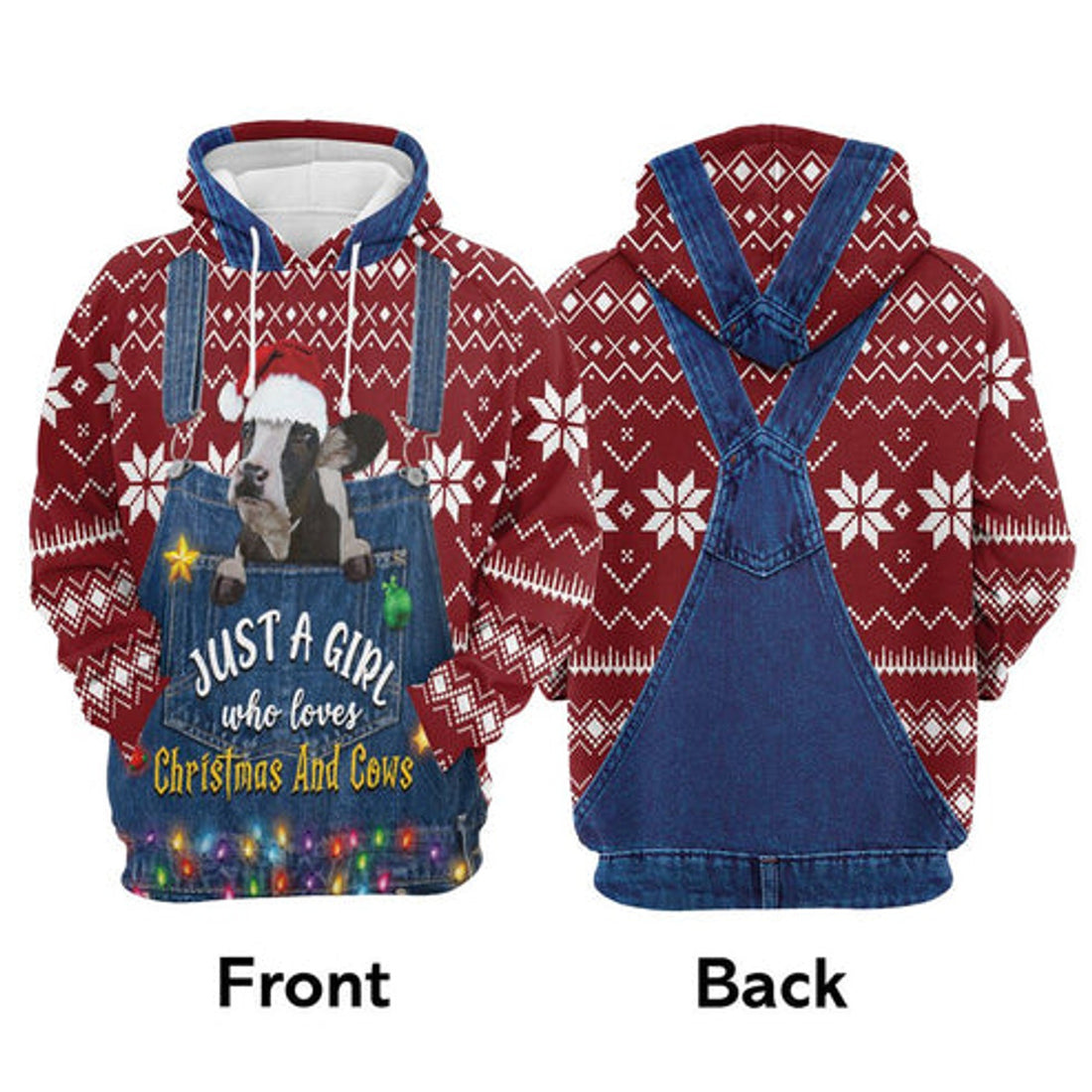 FUNSTUFFPRINT 3D Just A Girl Who Loves Christmas And Cows All Over 3D Hoodie and Zip Hoodie