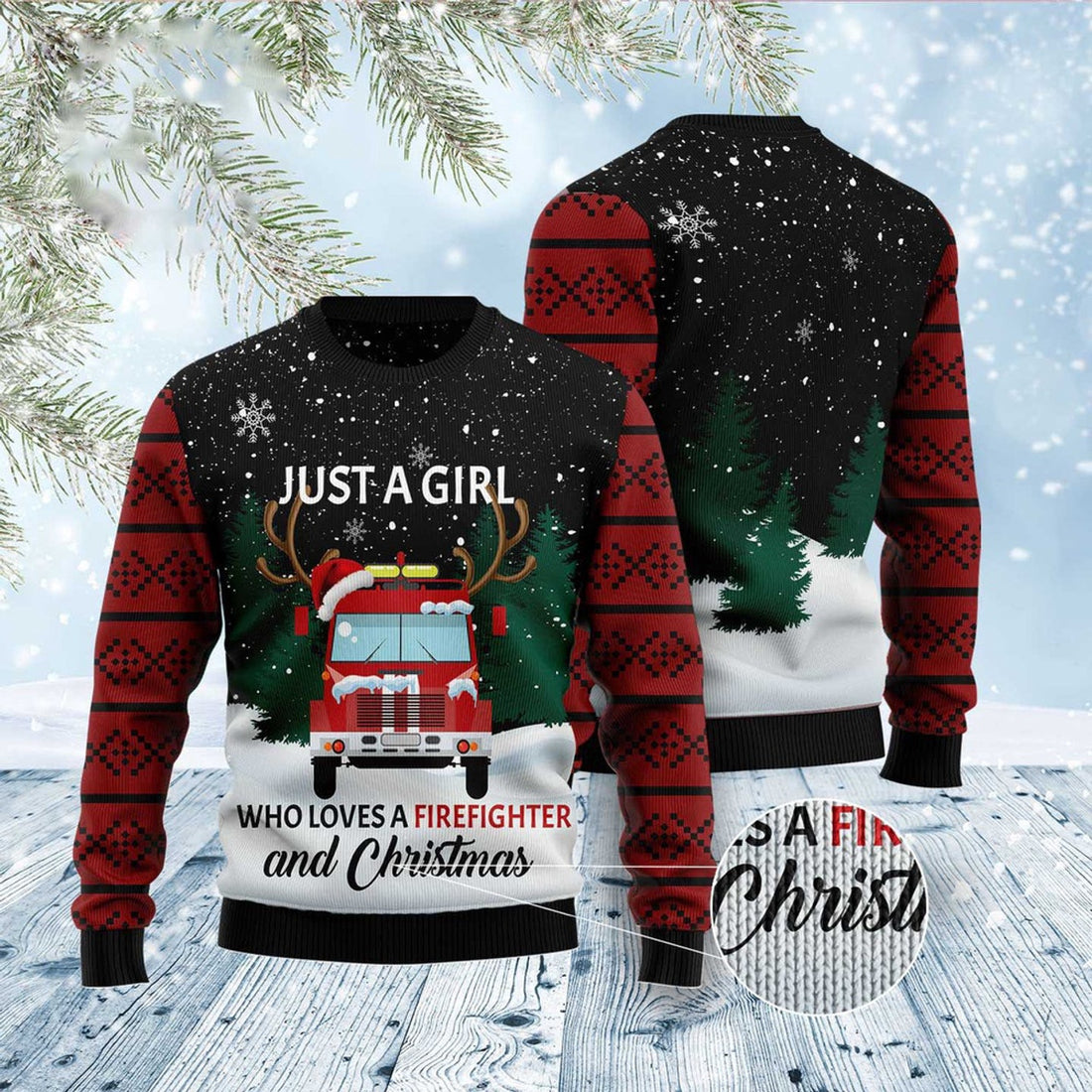 FUNSTUFFPRINT Just A Girl Who Loves Firefighter And Christmas Ugly Christmas Sweater, Christmas Sweater, Ugly Sweater, Funny Xmas Sweaters Ugly Sweater