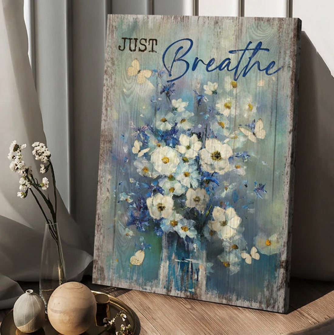 Just Breathe Canvas - Baby Flower Butterfly Canvas Wall Art - Christian Wall Posters - Religious Wall Decor