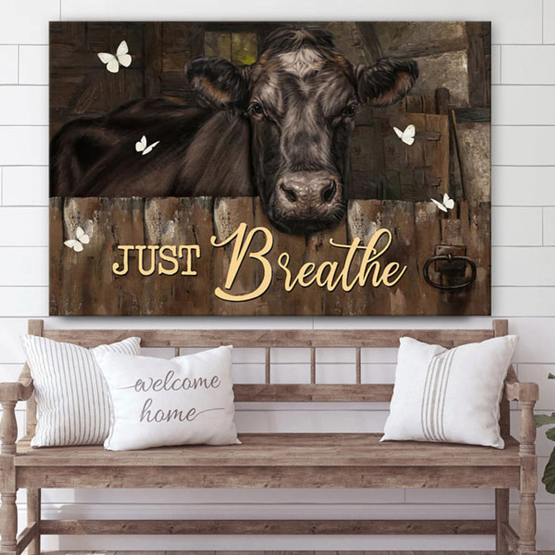 Just Breathe Cow Canvas Wall Art - Christian Canvas Wall Decor - Bible Verse Wall Art Canvas - Farmer Gift
