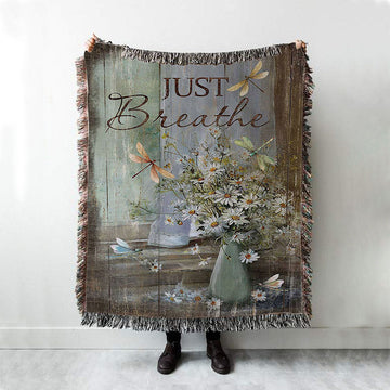 Just Breathe Daisy Flower Dragonfly Woven Blanket Art - Christian Art - Bible Verse Throw Blanket - Religious Home Decor