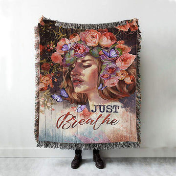 Just Breathe Purple Butterfly Girl Woven Throw Blanket - Bible Verse Woven Blanket Art - Inspirational Art - Christian Home Decor