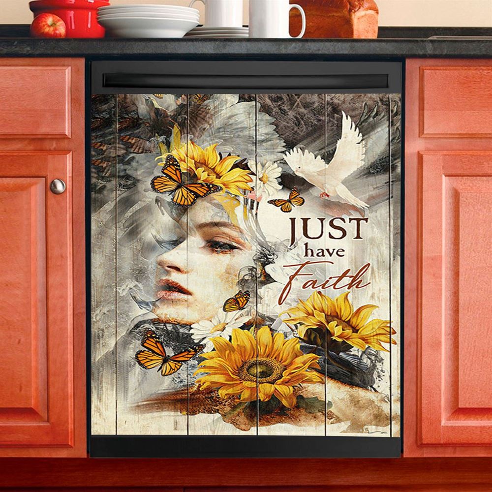 Just Have Faith Beautiful Girl Sunflower Dishwasher Cover, Christian Dishwasher Wrap, Bible Verse Kitchen Decoration