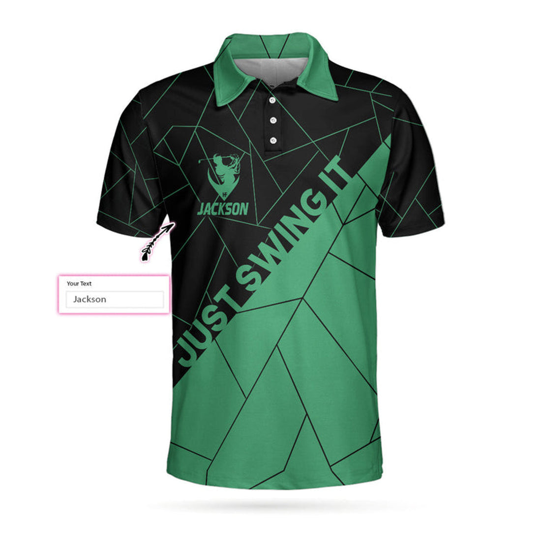 Custom Just Swing It Abstract Geometric Line Pattern Custom Polo Shirt, Personalized Black And Cyan Golf Shirt For Men