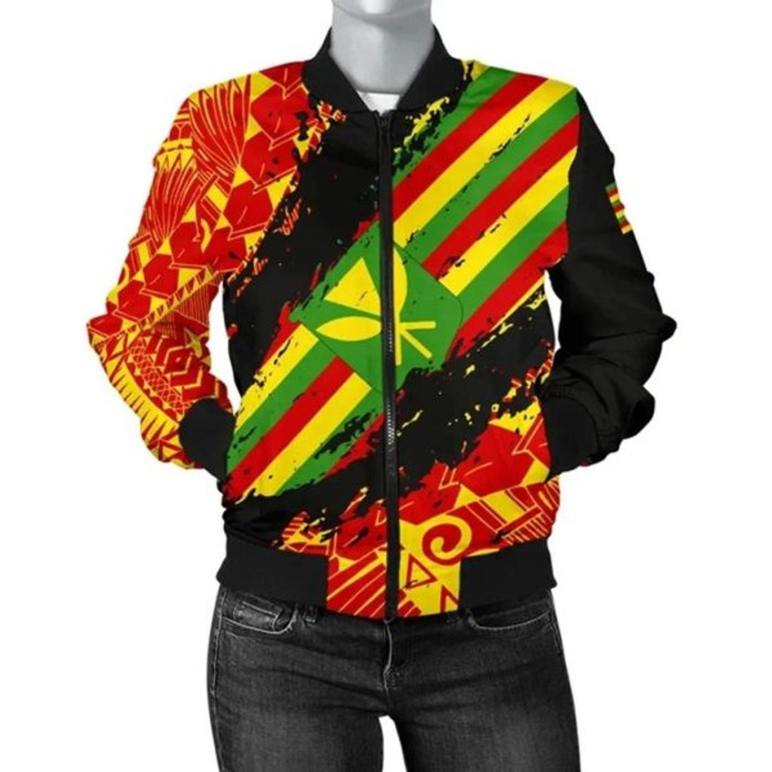 FUNSTUFFPRINTI Kanaka Flag Polynesian Women's Bomber Jacket - Nora Style - AH Bomber Jacket