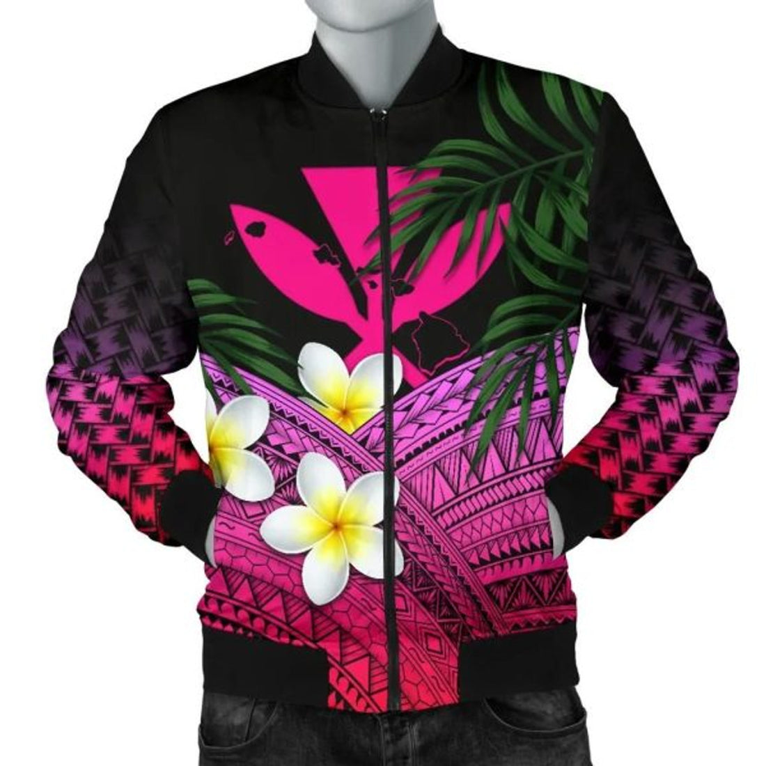 FUNSTUFFPRINT Kanaka Maoli (Hawaiian) Men's Bomber Jacket, Polynesian Plumeria Banana Leaves Bomber Jacket