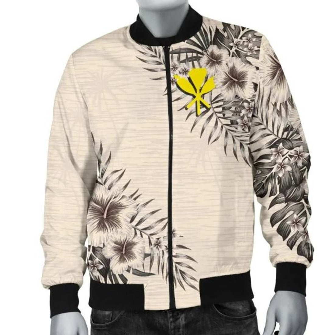 FUNSTUFFPRINTI Kanaka Maoli (Hawaiian) Men's Bomber Jacket - The Beige Hibiscus Bomber Jacket