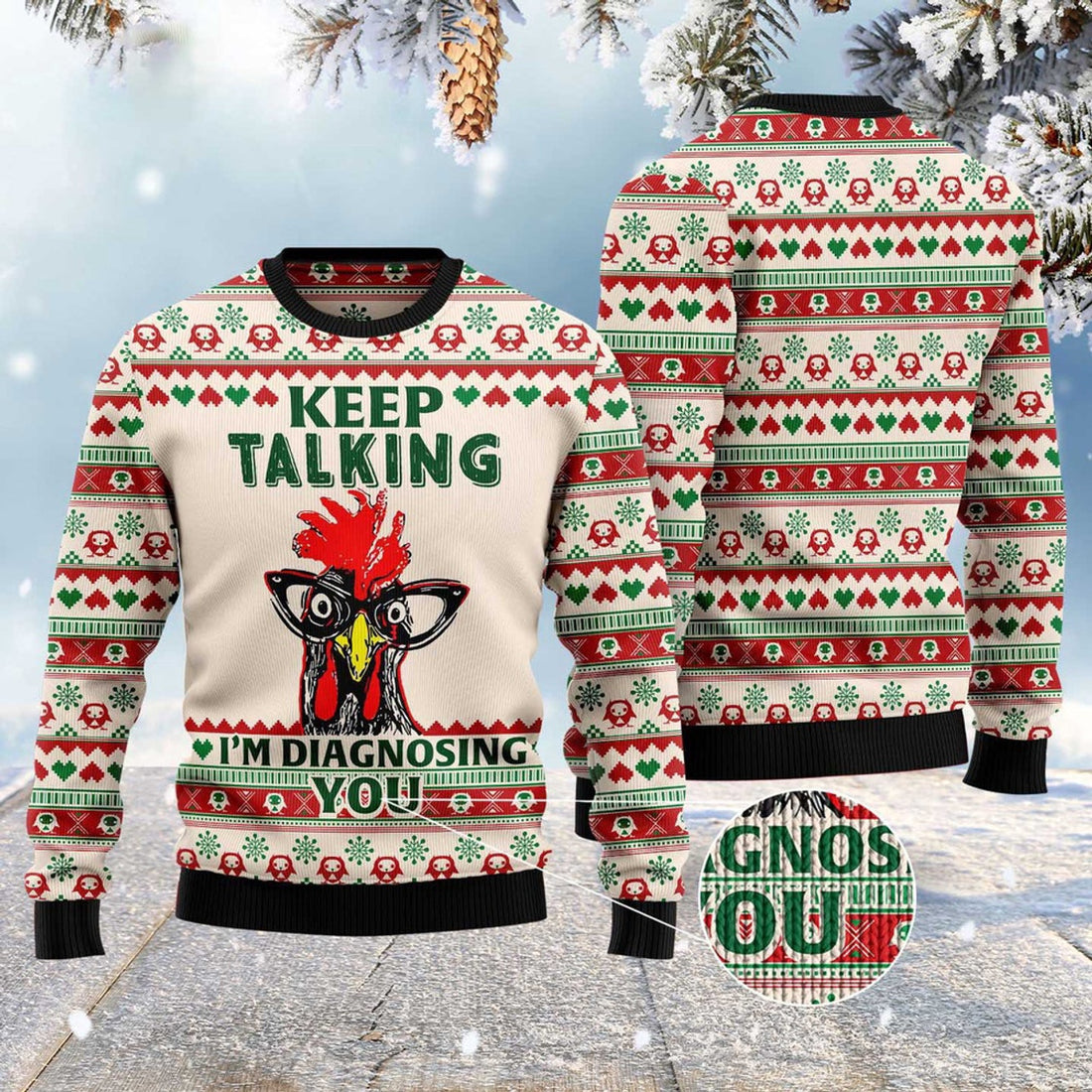 FUNSTUFFPRINT Keep Talking I'M Diagnosing You Chicken Ugly Christmas Sweater, Christmas Sweater, Ugly Sweater, Funny Xmas Sweaters Ugly Sweater