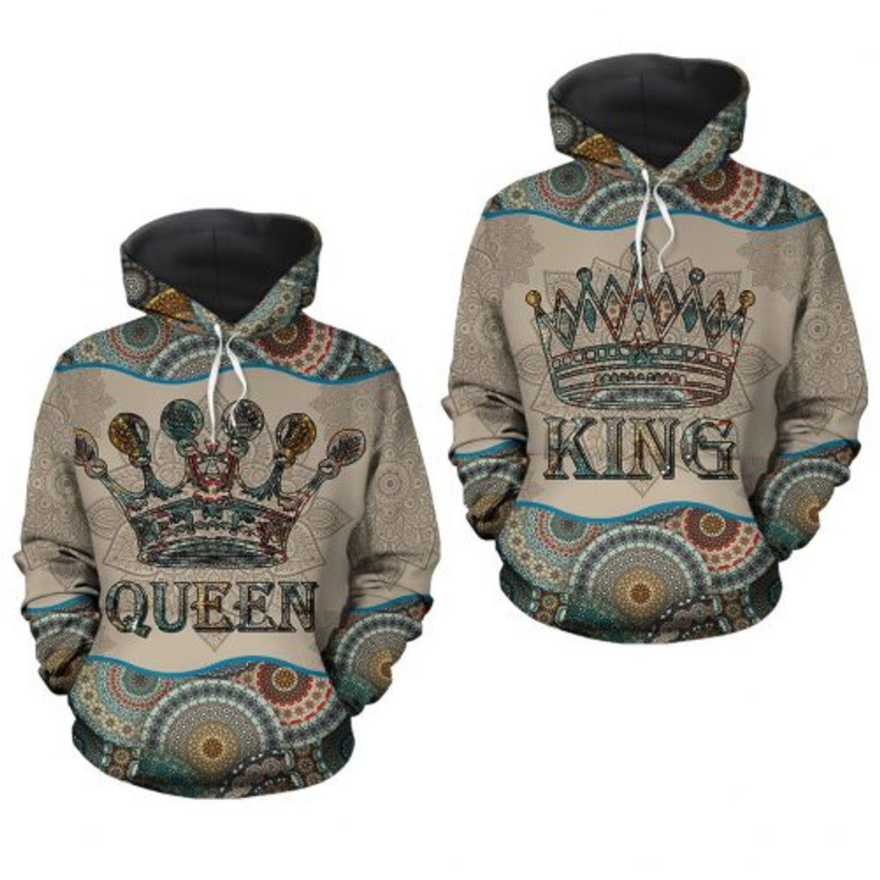FUNSTUFFPRINT King And Queen Mandala Pattern Couple Matching 3D Hoodie and Zip Hoodie