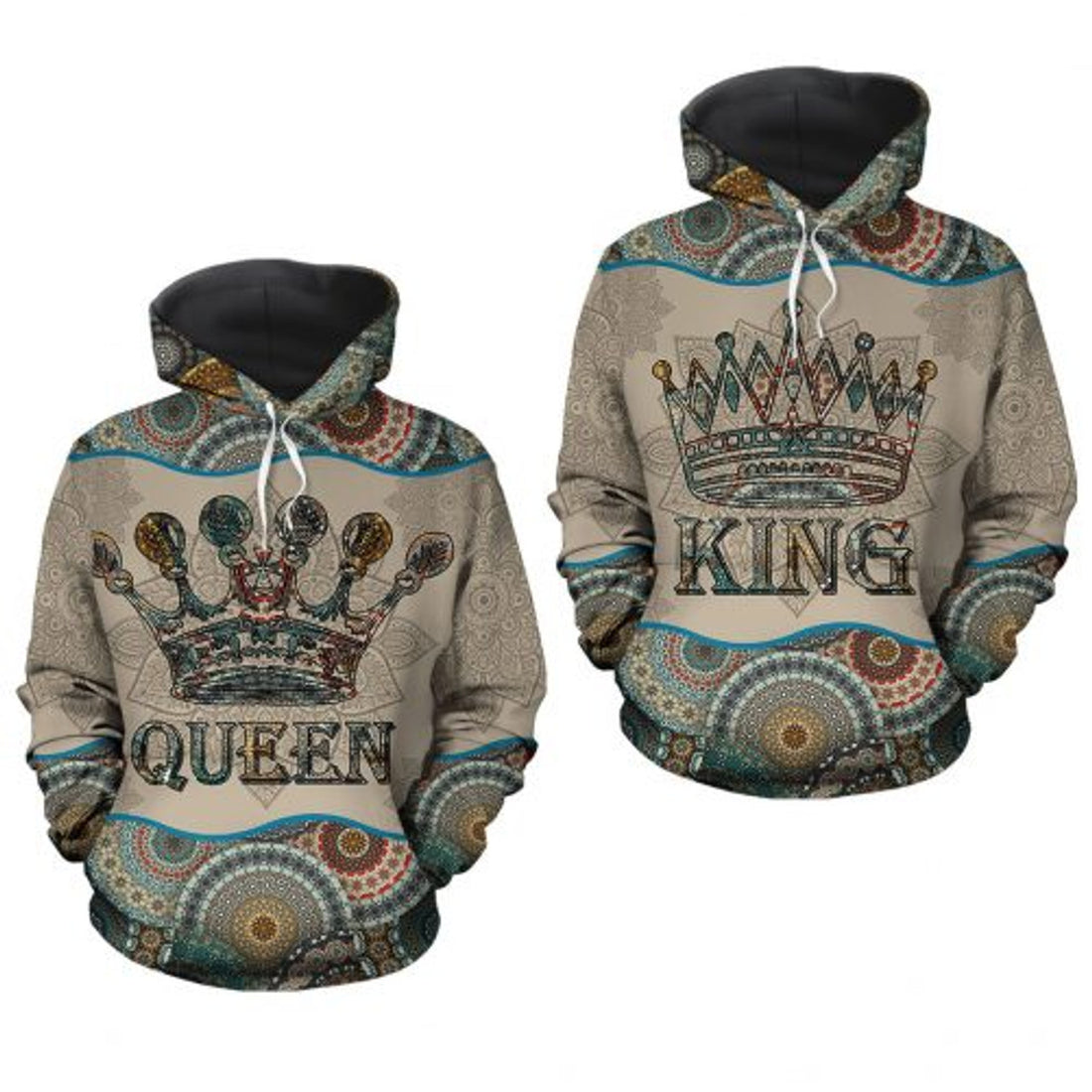 FUNSTUFFPRINT King And Queen Mandala Pattern Couple Matching 3D Hoodie and Zip Hoodie