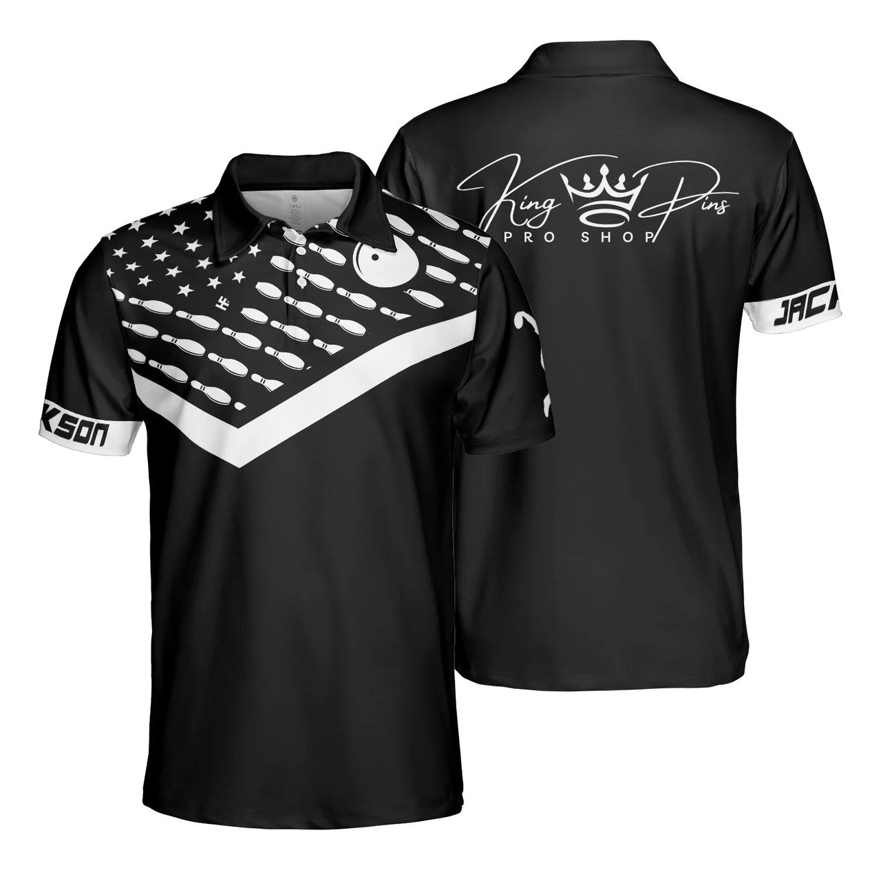 Custom Personalized Bowling Pattern American Flag Men Polo Shirt, King Pins Pro Shop Custom Short Sleeve Shirt For Male