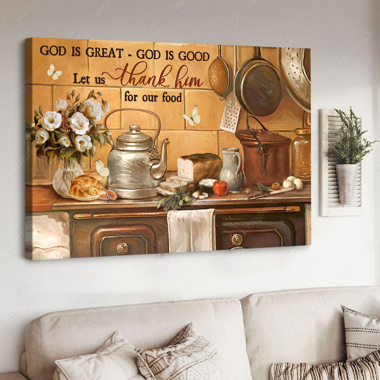 Kitchen Poster, God Is Great God Is Good Let Us Thank Him For Our Food, Butterfly Flower Poster and Canvas