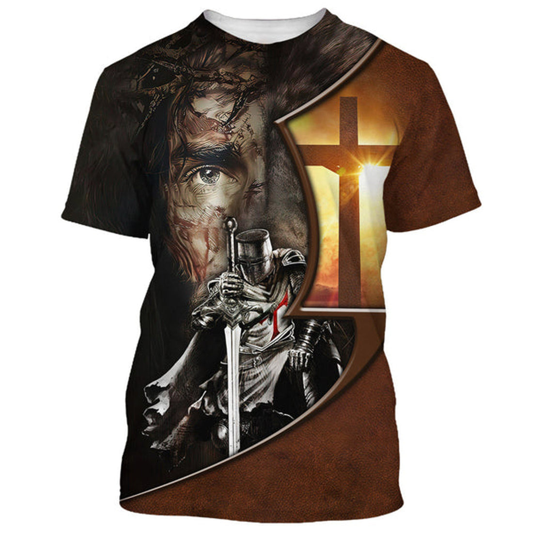 FUNSTUFFPRINT Knight Kneel In Front Of Lion Jesus Christ Warrior Christian 3D T-shirt