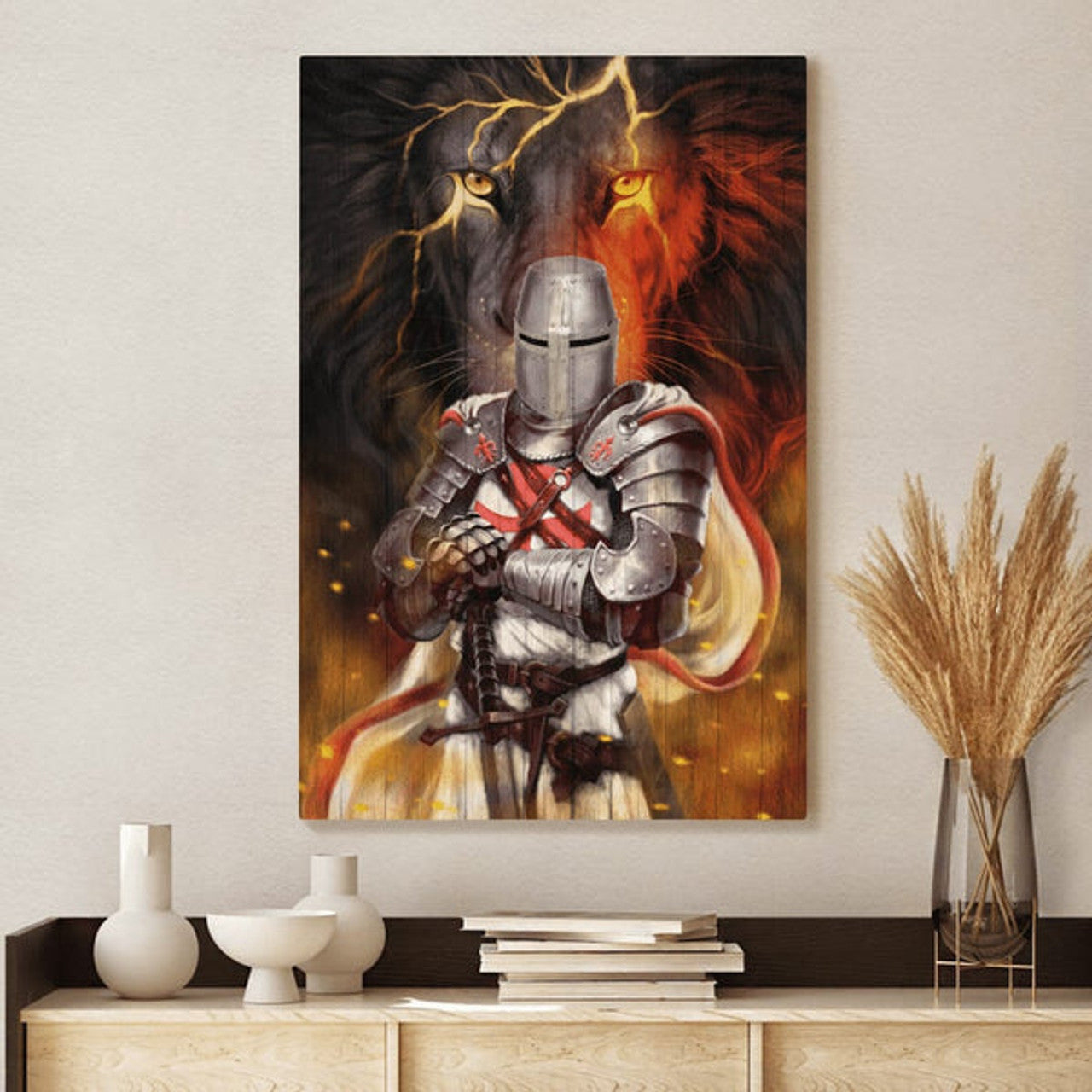 Knight Templar And Lion Jesus Canvas Wall Art - Christian Wall Posters - Religious Wall Decor