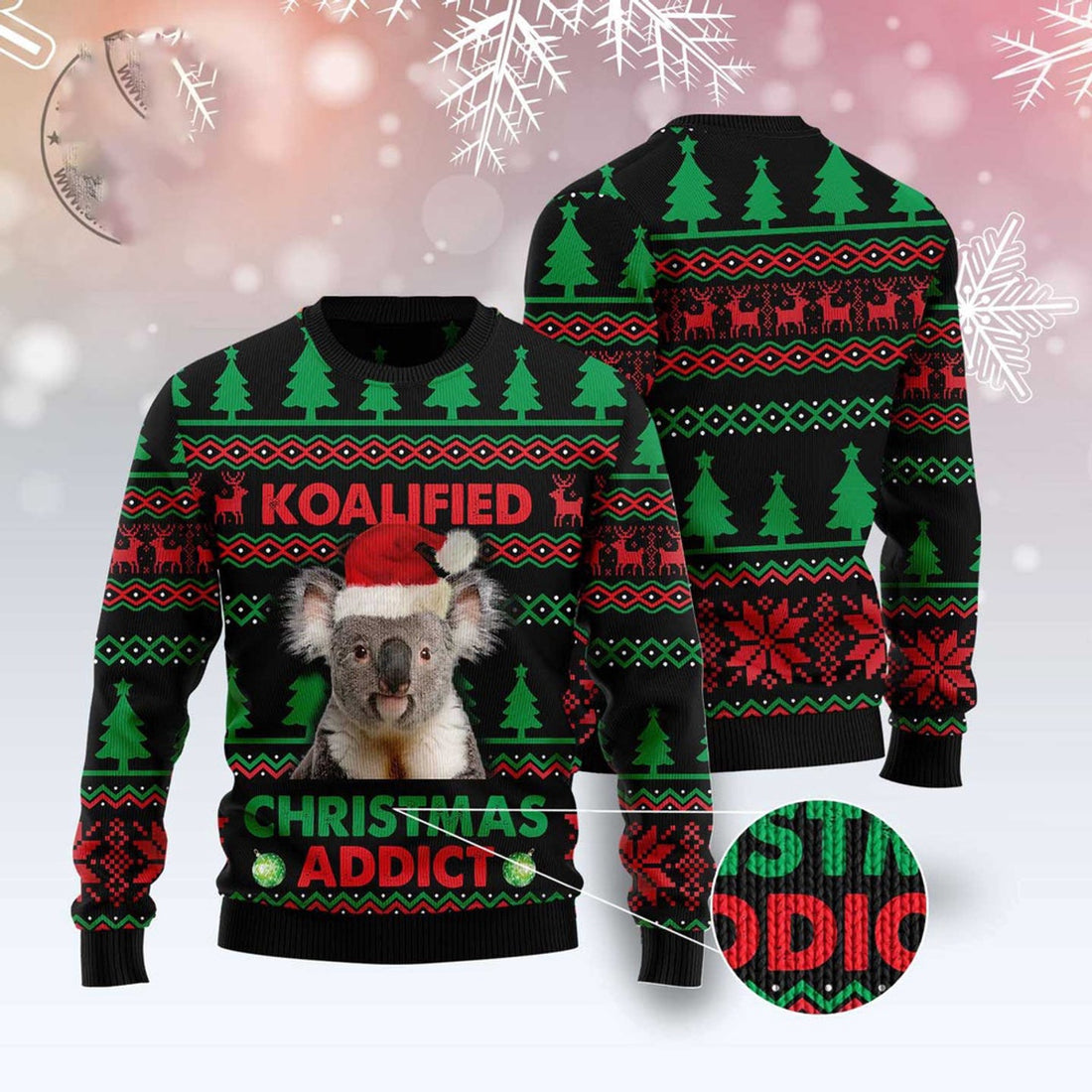 FUNSTUFFPRINT Koala Koalified Christmas Addict Ugly Christmas Sweater, Christmas Sweater, Ugly Sweater, Funny Xmas Sweaters Ugly Sweater
