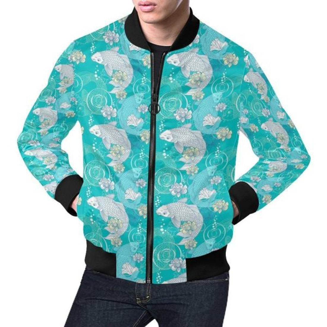 FUNSTUFFPRINTI Koi Fish Lotus Pattern Print Men's 3D Bomber Jacket