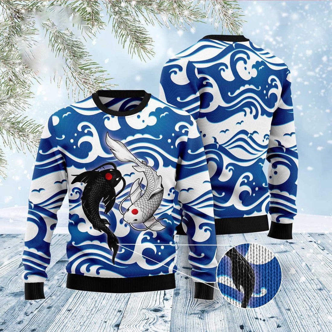 FUNSTUFFPRINT Koi Yin Yang Ugly Christmas Sweater, Christmas Sweater, Ugly Sweater, Funny Xmas Sweaters Ugly Sweater