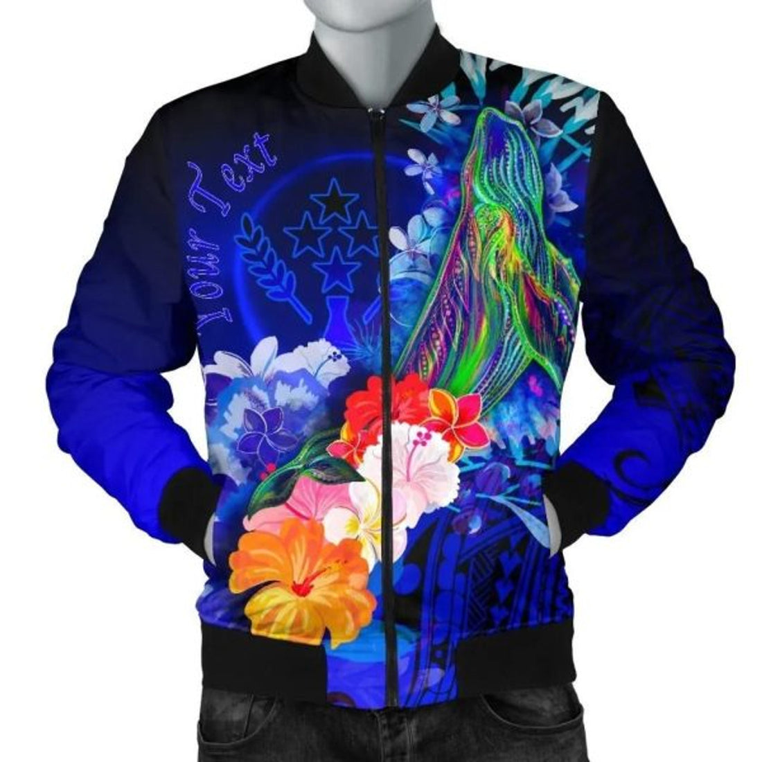 FUNSTUFFPRINTI Kosrae Custom Personalised Men's Bomber Jacket - Humpback Whale with Tropical Flowers (Blue)- Bomber Jacket