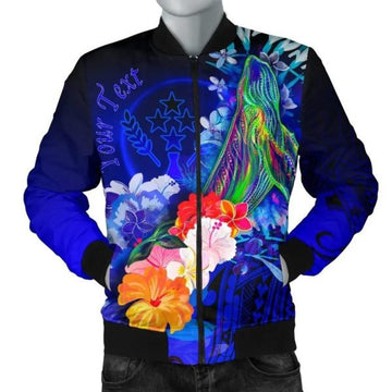 FUNSTUFFPRINTI Kosrae Custom Personalised Men's Bomber Jacket - Humpback Whale with Tropical Flowers (Blue)- Bomber Jacket