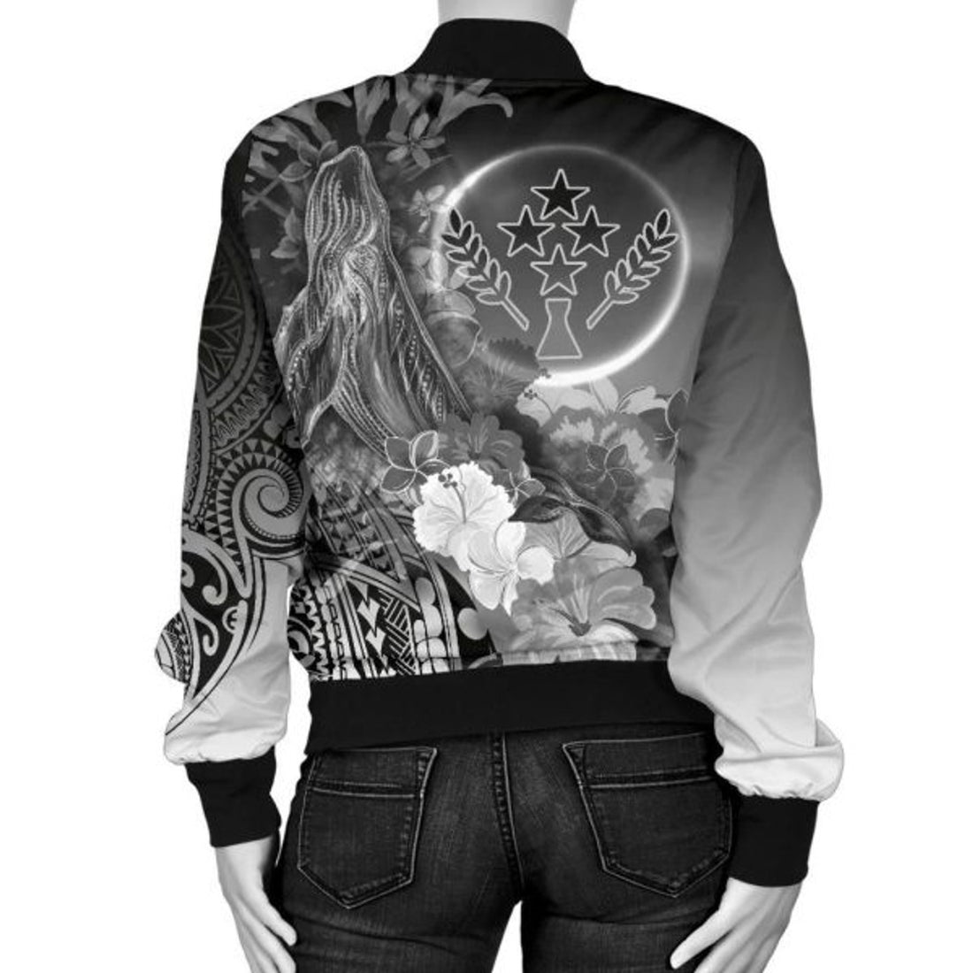 FUNSTUFFPRINTI Kosrae Custom Personalised Women's Bomber Jacket - Humpback Whale with Tropical Flowers (White)- Bomber Jacket