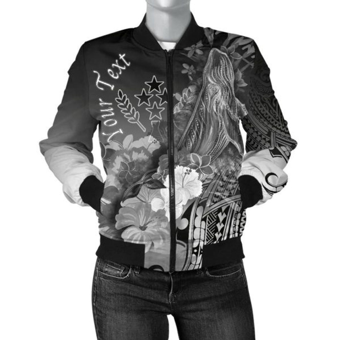 FUNSTUFFPRINTI Kosrae Custom Personalised Women's Bomber Jacket - Humpback Whale with Tropical Flowers (White)- Bomber Jacket