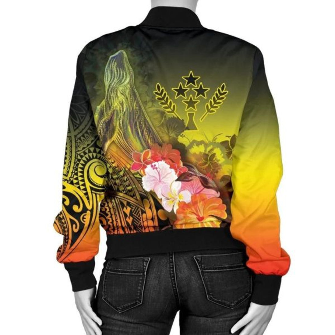 FUNSTUFFPRINTI Kosrae Custom Personalised Women's Bomber Jacket - Humpback Whale with Tropical Flowers (Yellow)- Bomber Jacket