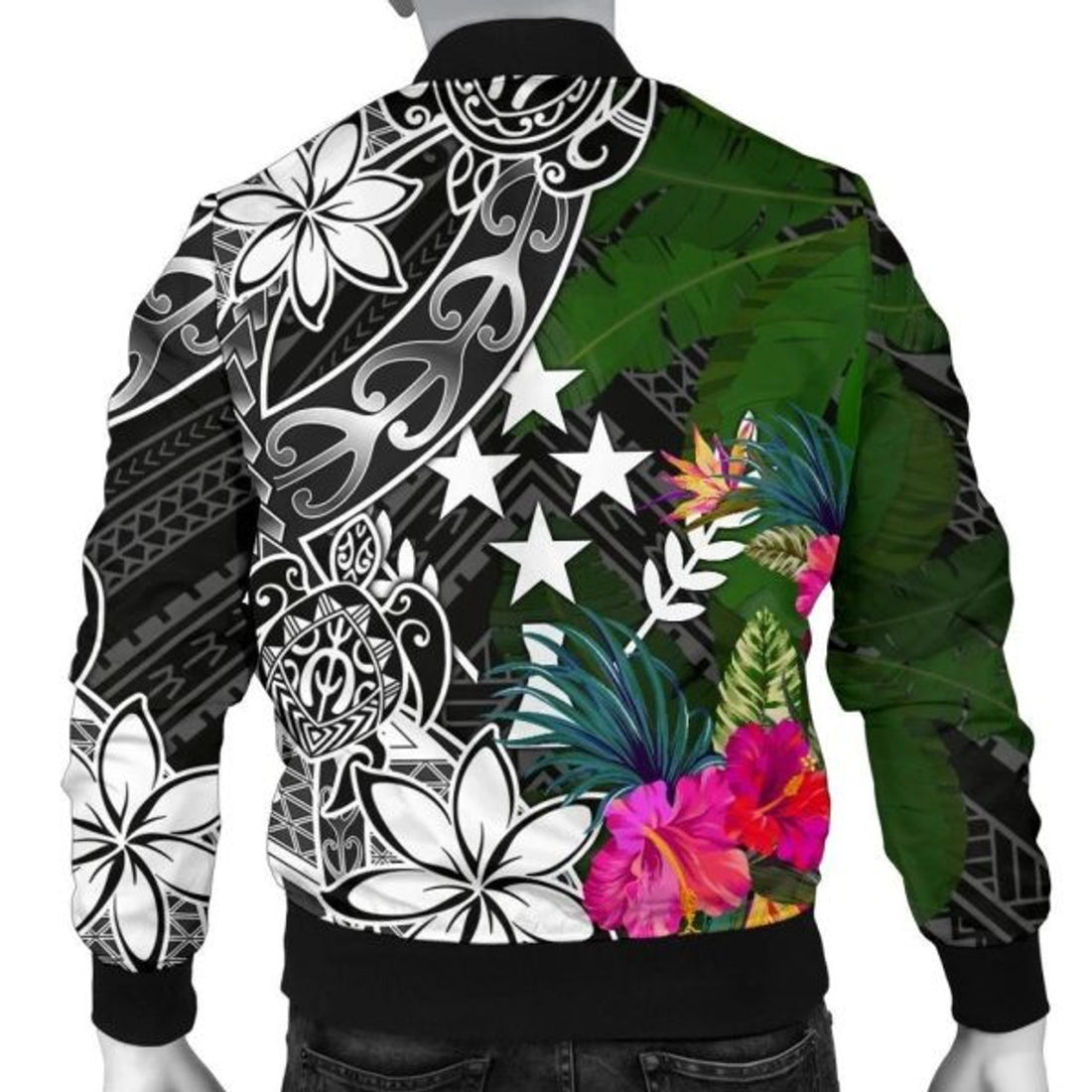FUNSTUFFPRINTI Kosrae Men Bomber Jacket - Turtle Plumeria Banana Leaf - Bomber Jacket