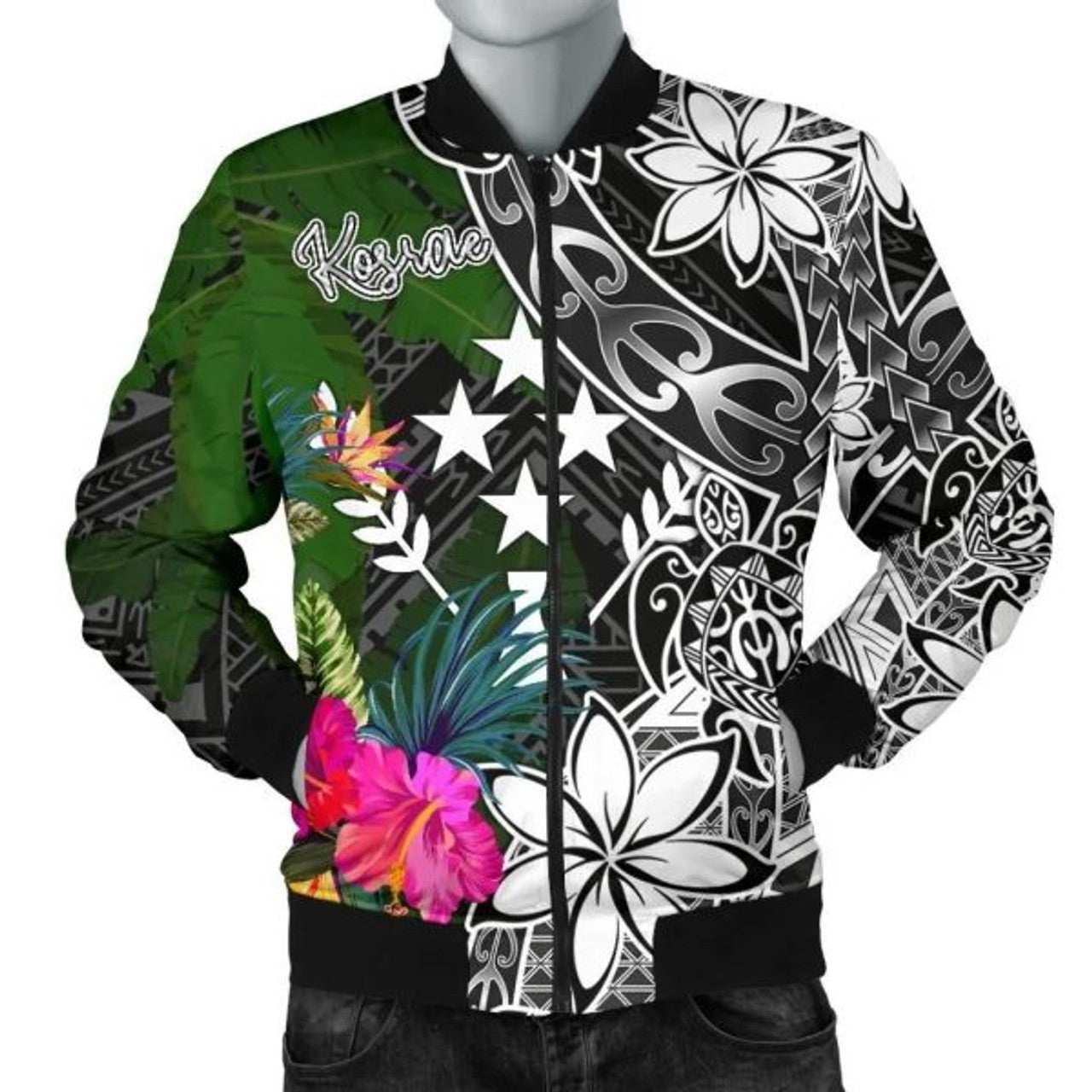 FUNSTUFFPRINTI Kosrae Men Bomber Jacket - Turtle Plumeria Banana Leaf - Bomber Jacket