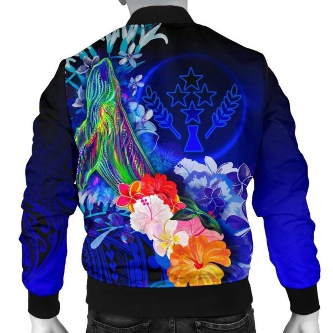 FUNSTUFFPRINTI Kosrae Men's Bomber Jacket - Humpback Whale with Tropical Flowers (Blue)- Bomber Jacket
