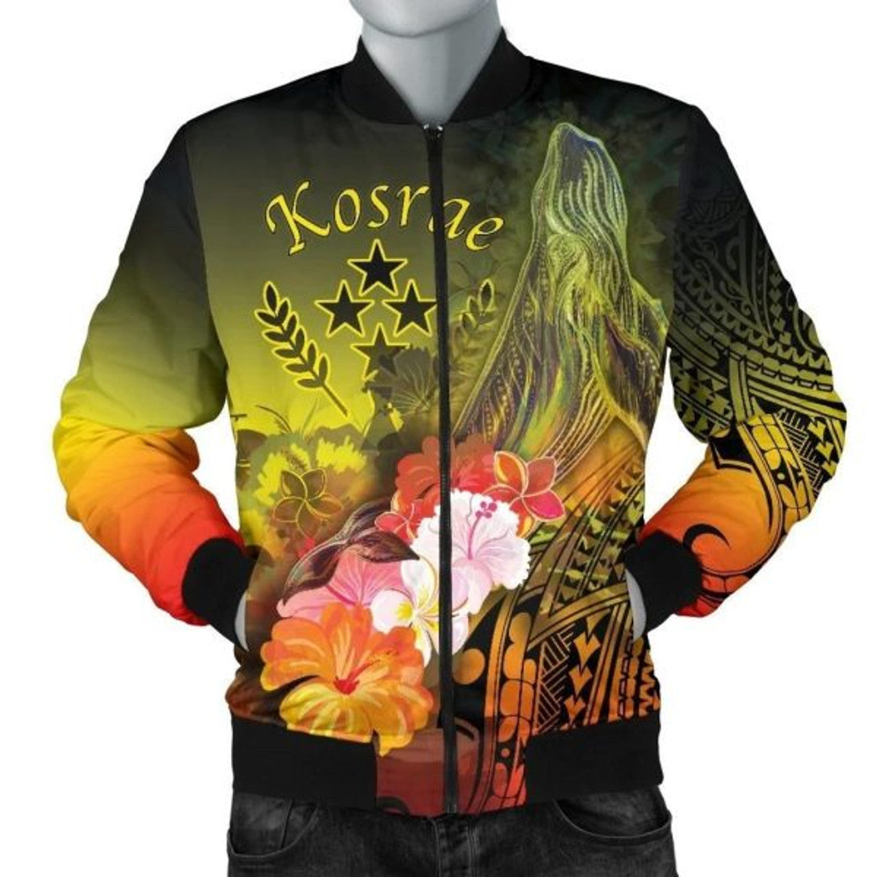 FUNSTUFFPRINTI Kosrae Men's Bomber Jacket - Humpback Whale with Tropical Flowers (Yellow)- Bomber Jacket