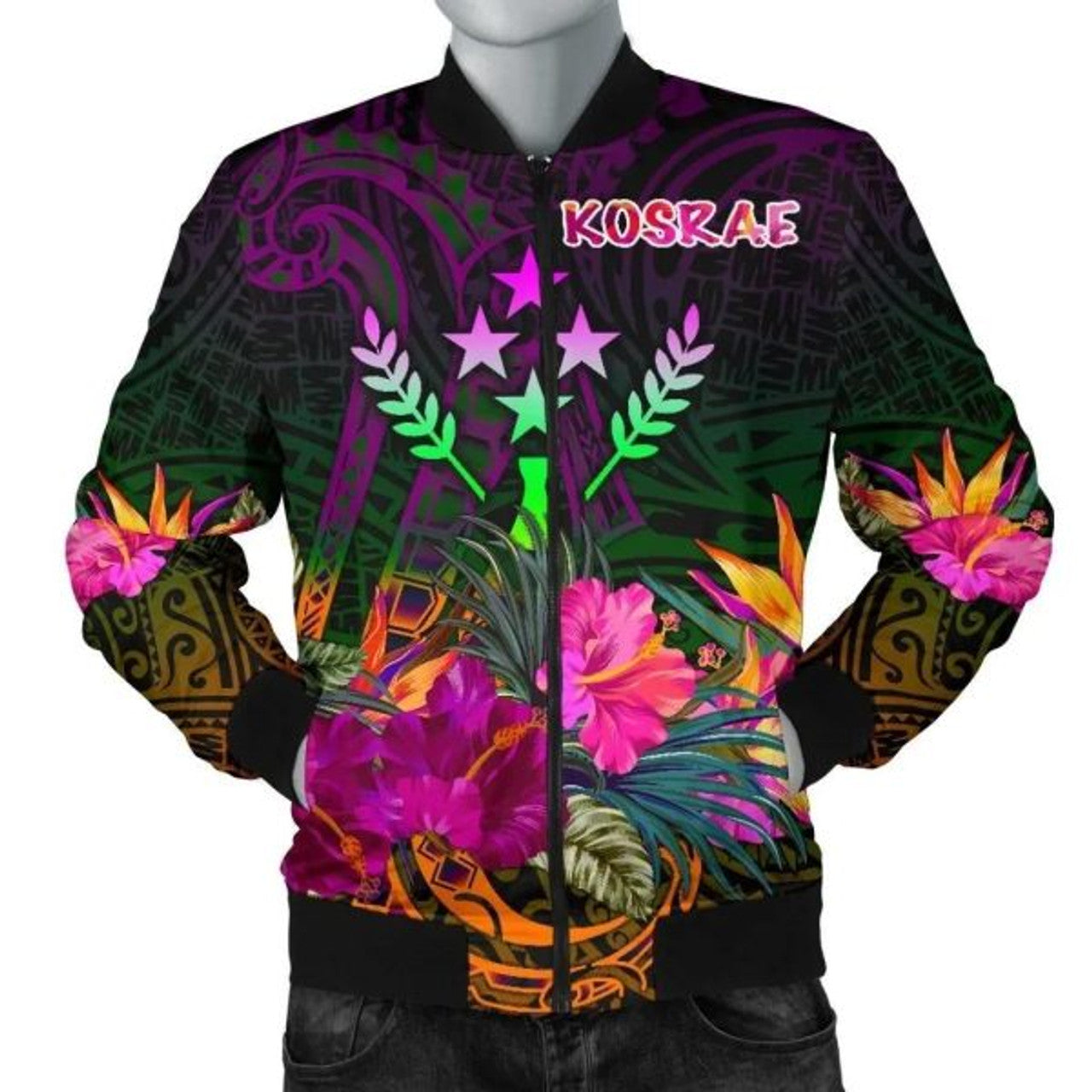 FUNSTUFFPRINTI Kosrae Men's Bomber Jacket - Summer Hibiscus - Bomber Jacket