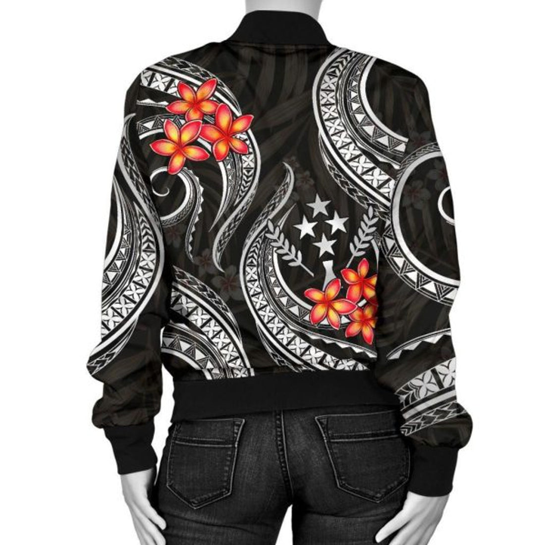 FUNSTUFFPRINTI Kosrae Micronesian Women Bomber Jacket - Black Plumeria - Bomber Jacket