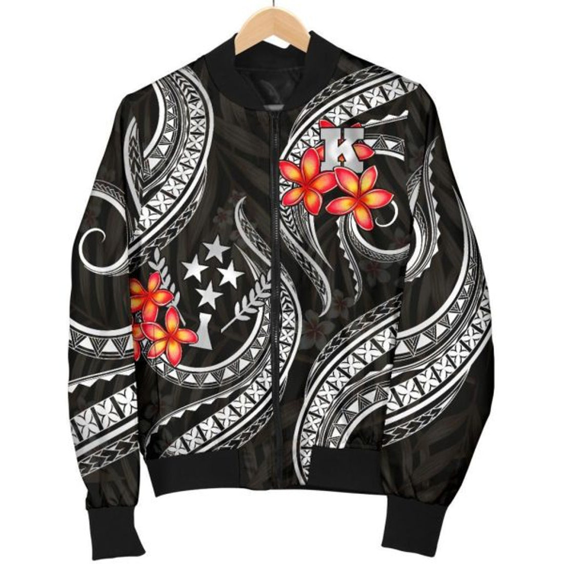 FUNSTUFFPRINTI Kosrae Micronesian Women Bomber Jacket - Black Plumeria - Bomber Jacket
