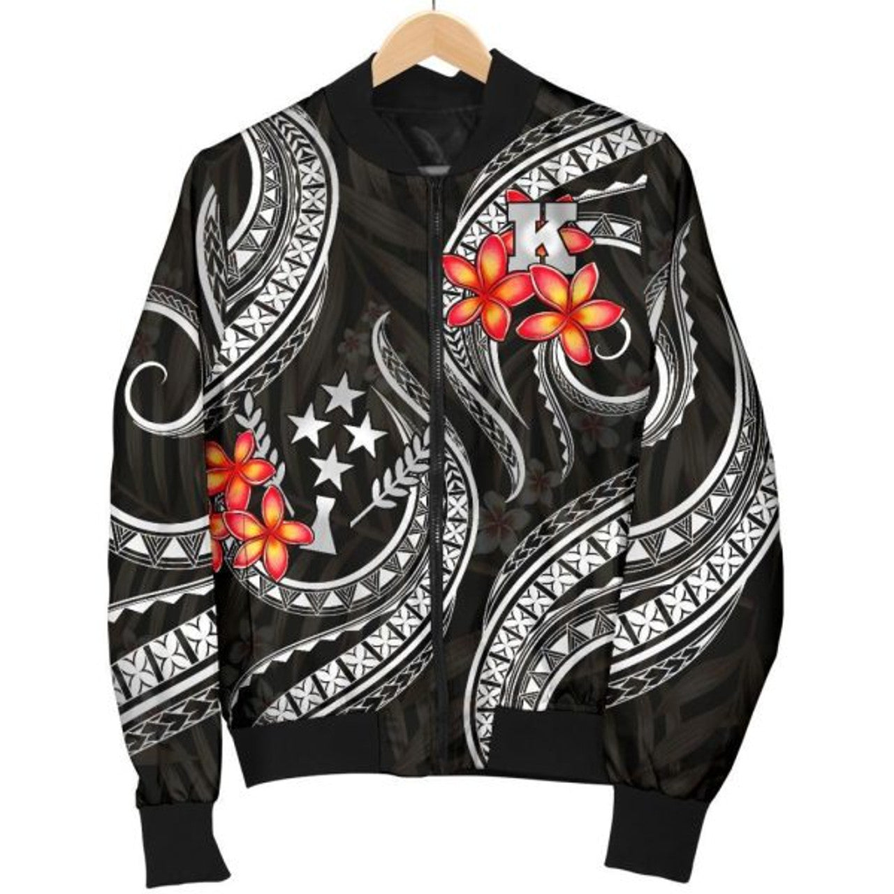 FUNSTUFFPRINTI Kosrae Micronesian Women Bomber Jacket - Black Plumeria - Bomber Jacket