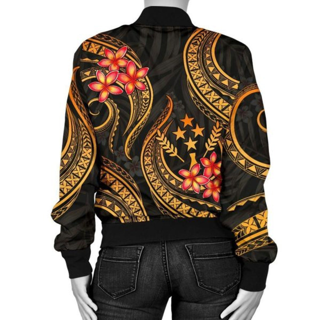 FUNSTUFFPRINTI Kosrae Micronesian Women Bomber Jacket - Gold Plumeria - Bomber Jacket