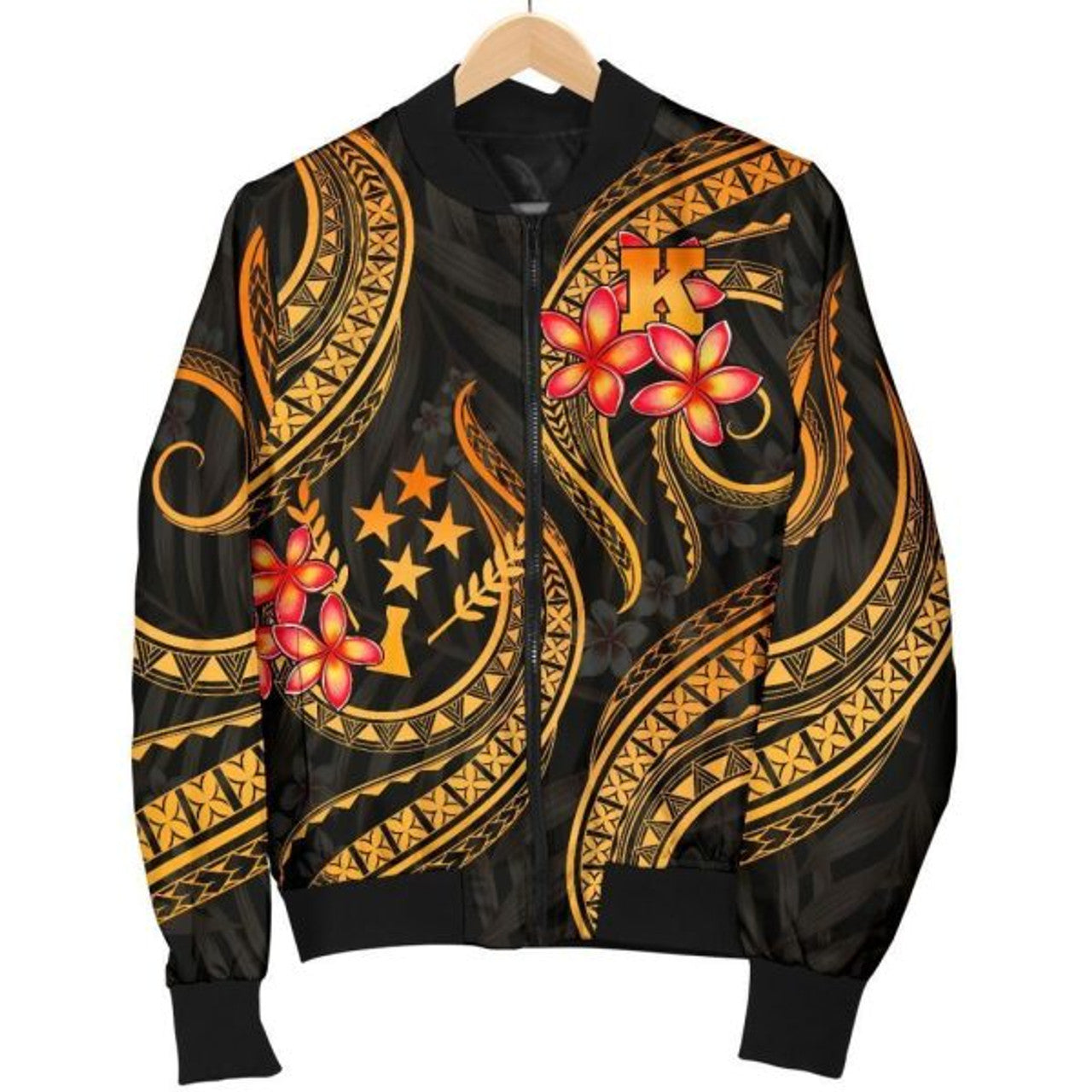 FUNSTUFFPRINTI Kosrae Micronesian Women Bomber Jacket - Gold Plumeria - Bomber Jacket