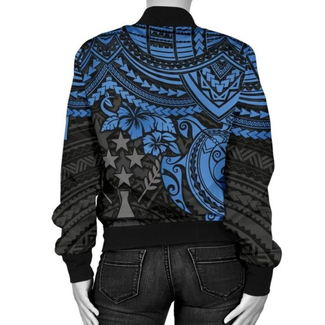 FUNSTUFFPRINTI Kosrae Polynesian Bomber Jacket (Women) - Blue Turtle - Bomber Jacket