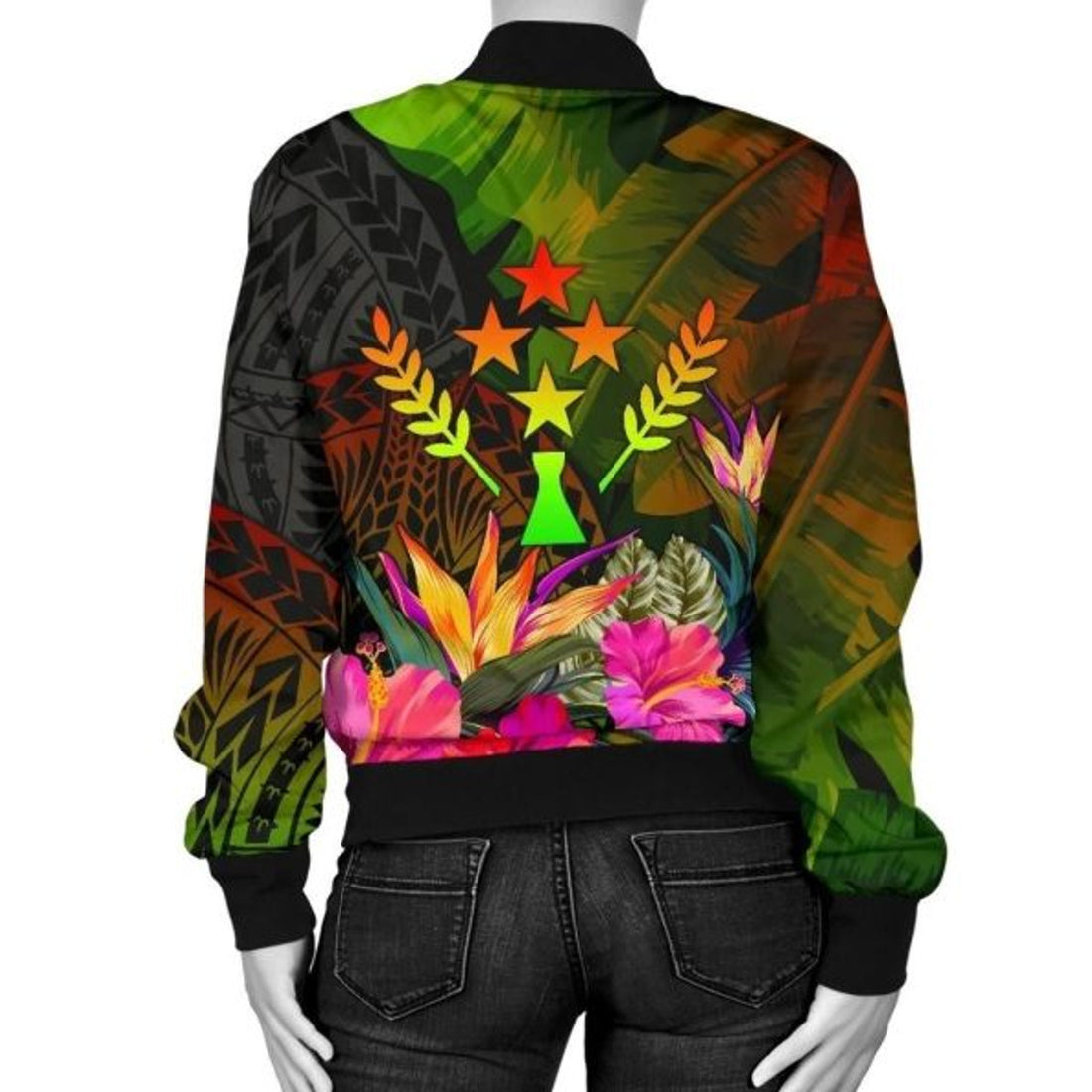 FUNSTUFFPRINTI Kosrae Polynesian Personalised Women's Bomber Jacket - Hibiscus and Banana Leaves - Bomber Jacket